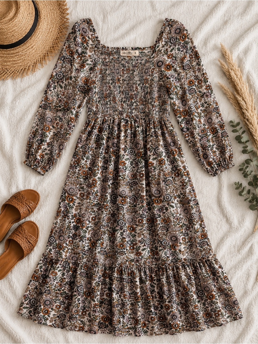 Natural Life Floral Smocked Midi Dress Boho Cottagecore Puff Sleeve Medium
